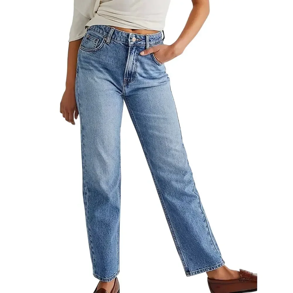 We the Free People Pacifica Straight Leg High Rise Slim Medium Blue Denim Jeans